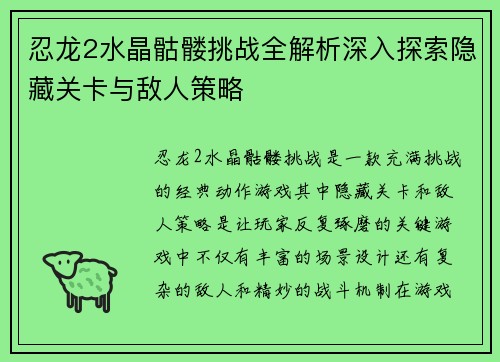 忍龙2水晶骷髅挑战全解析深入探索隐藏关卡与敌人策略