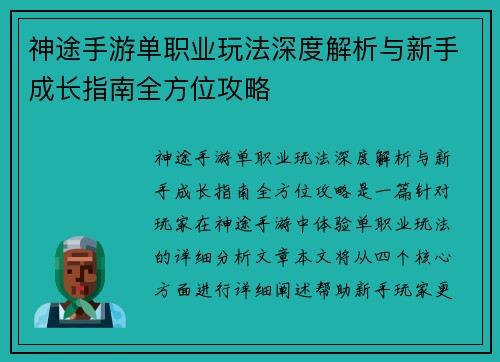 神途手游单职业玩法深度解析与新手成长指南全方位攻略